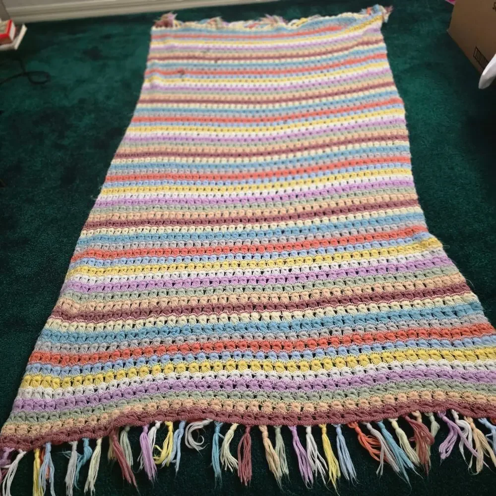 Handmade Rainbow Crochet Afghan Throw Blanket With Fringe Pastel Cottagecore